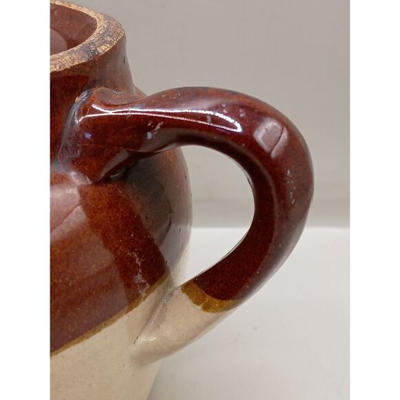 Antique Small Bean Pot Single Handle Stoneware Crock Brown Cream USA Crockery - Picture 7 of 15